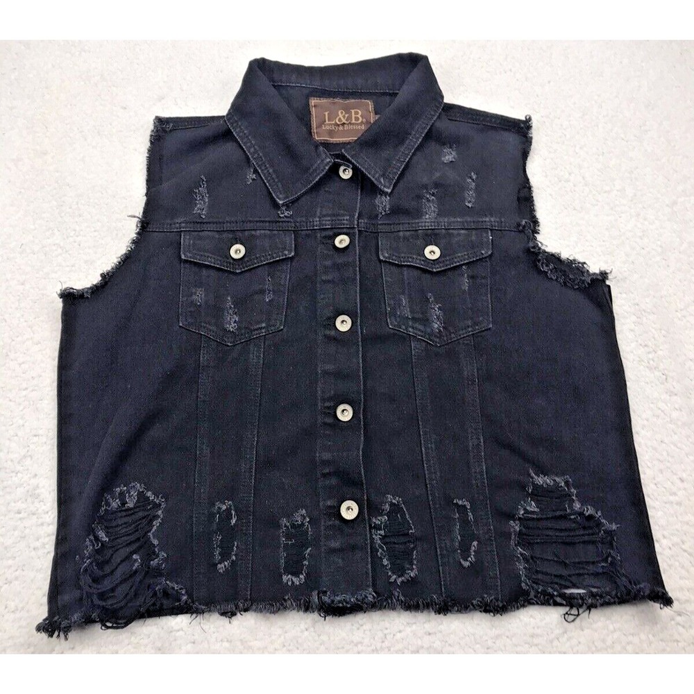 Lucky & Blessed Western Vest MEDIUM Black Denim Southwest Navajo Serape Distress - Picture 2 of 13